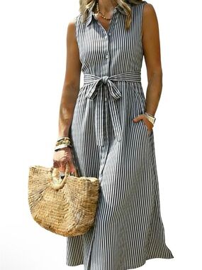 Sleeveless Black & White Striped Tie-Waist Maxi Dress